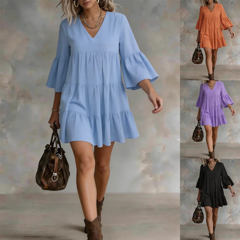 2026 New Fashionable V-neck Three-quarter Sleeve Layered Loose Dress For Women Summer Casual Commuting Seaside Vacation Dresses