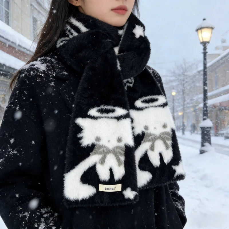 

Cartoon Angel Cats Soft Plush Scarf Women Autumn Winter Warm Versatile Student Couple Style Neck Gaiter Fashion Fleece Muffler