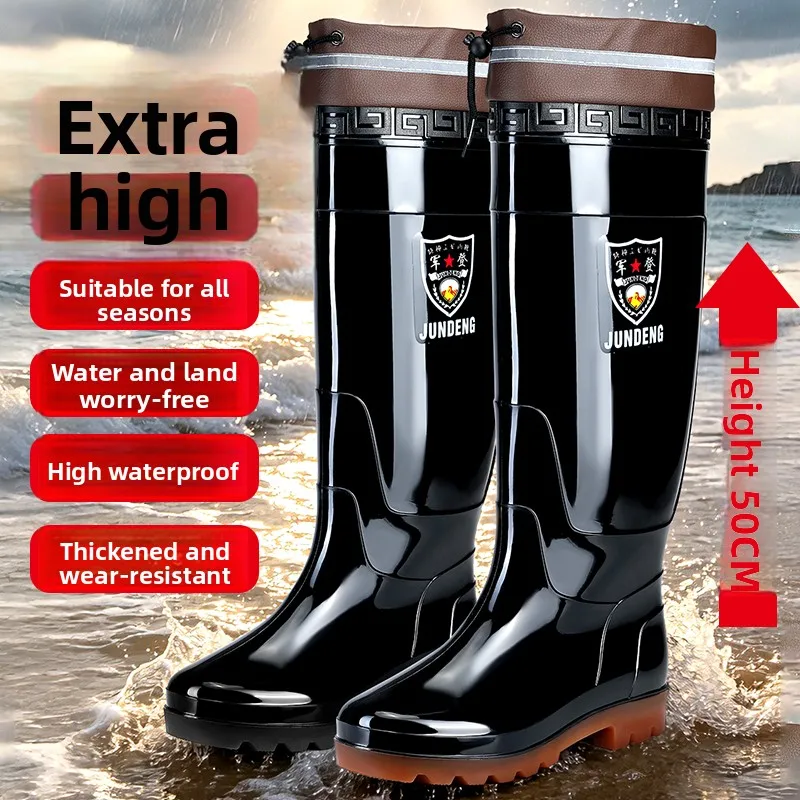 Waterproof High-Tube Knee-Over Rain Boots Men's Summer Outdoor Thick Bottom Wear-Resistant Anti-Slip Boots Land And Water