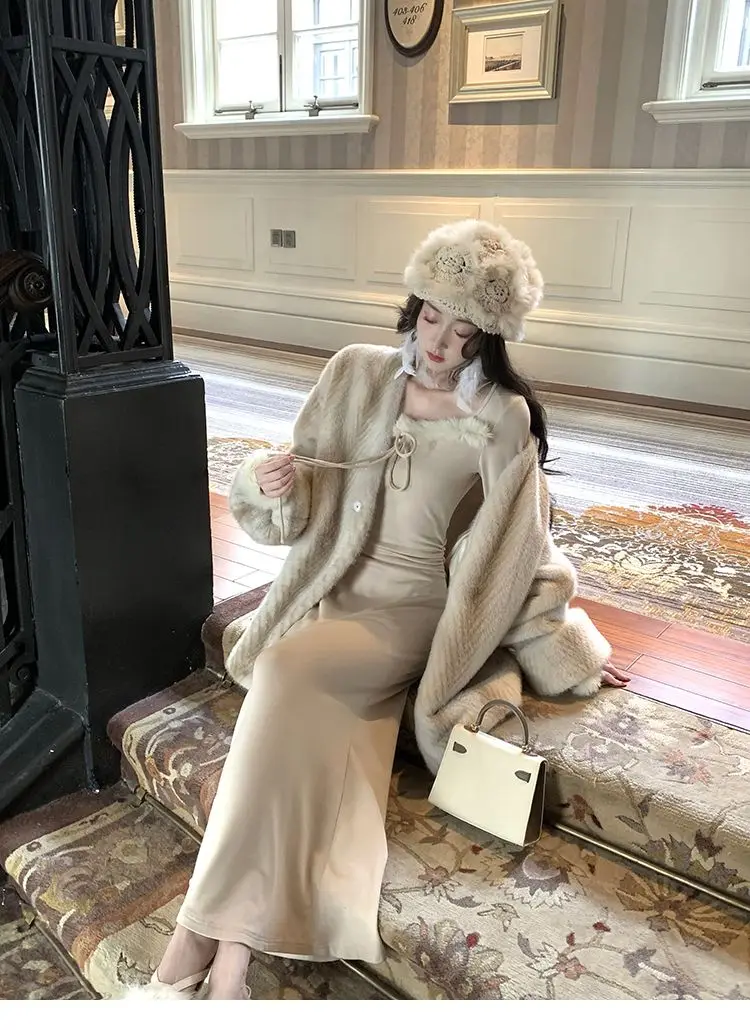 인조 모피 화이트 코트 여성용 스노우 팬시 블록 실루엣 퓨어 심플 웜 홀로우드 신치드 플레어 울 여성용 텐더 엘레강스