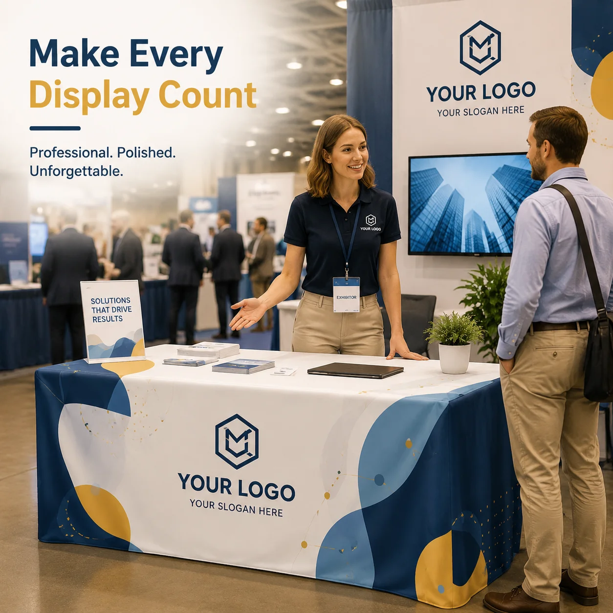 Custom Event Tablecloth with Logo Photo Branding Stretch Table Cover for Trade Show Vendor Display