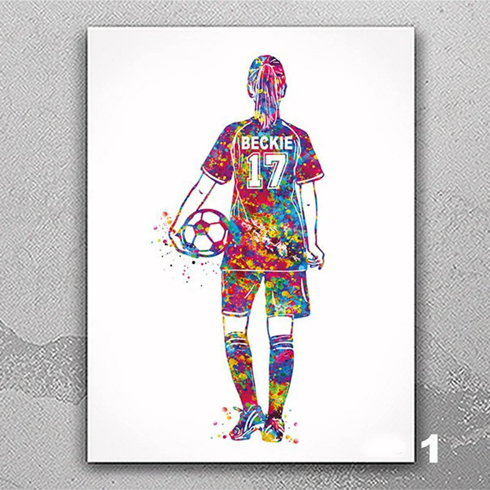 Soccer Player Girl Personelized Watercolor Print Customize Male Football Gift Wall Art Home Decor Picture For Kids Room