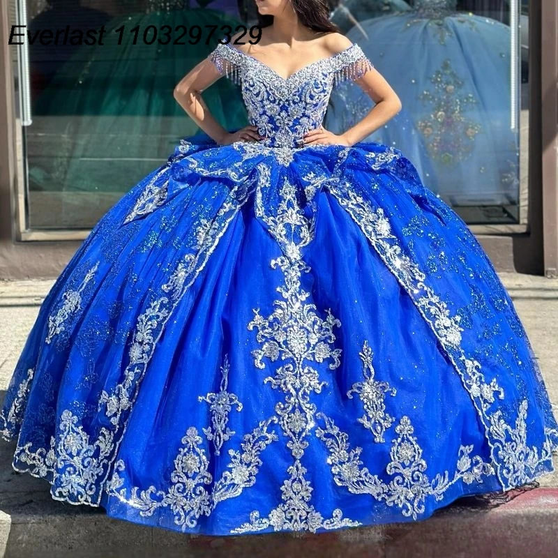 

EVLAST Shiny Royal Blue Quinceanera Dress Ball Gown White Applique Beading Crystals Corset Sweet 16 Vestido De 15 Anos TQD513