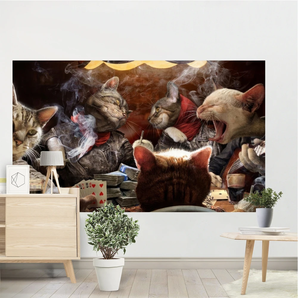 

Cat Tapestry Painting Playing Poker Printed Art Poster Student Dormitory Wall Hanging Decorative Banner