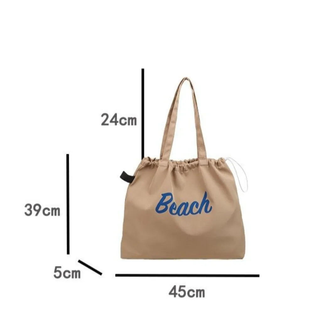 Solid Colour Women's Beach Shoulder Bag Letter Design Ladies Tote Canvas Bags Large Capacity Drawstring Female Shopping Handbag image 4