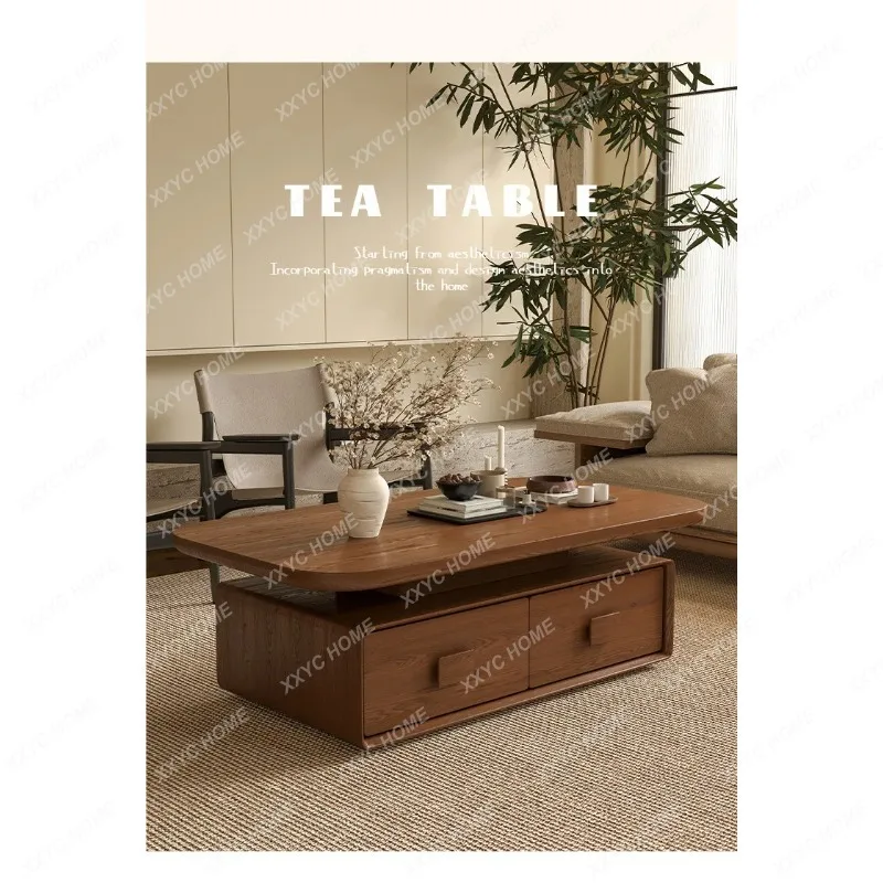 XXMid Century Rectangular Coffee Table Solid Wood Top 4 Drawers Storage Design Living Room Household Furniture