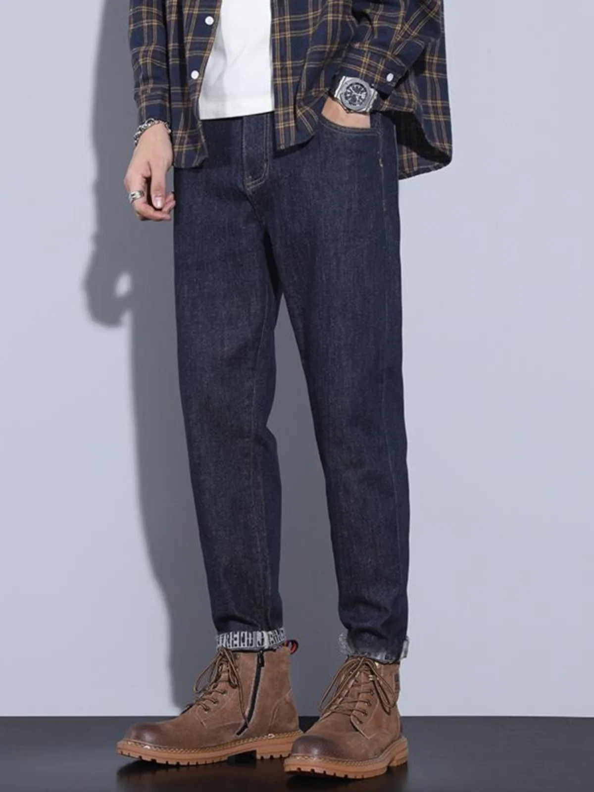 

High-End Men's Slim Fit Casual Straight Leg Jeans Elastic Comfortable Autumn Winter Thi Denim Faion Urban Sle Warmth