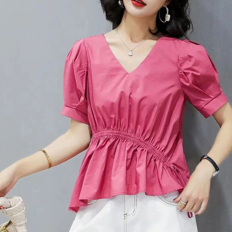 Shirts Women\'s New Summer Short Sleeve V Neck Solid Color Loose Pleated White Blouse Tops Temperament Fashion Women Clothing