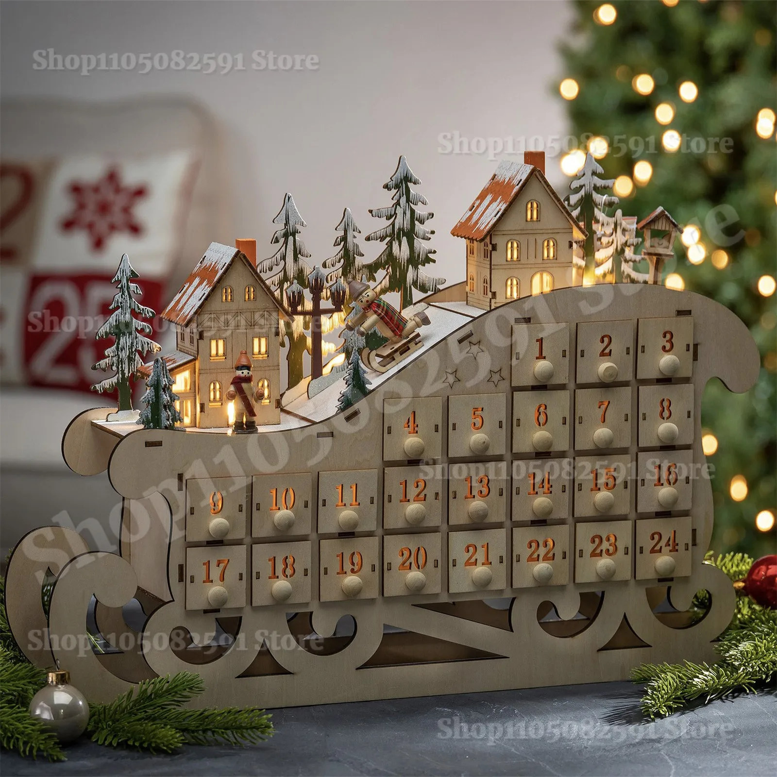 

Wooden 24 Days Christmas Advent Calendar Creative Sleigh Shape LED Home Decor Festive Countdown Decorative Figurine Ornament