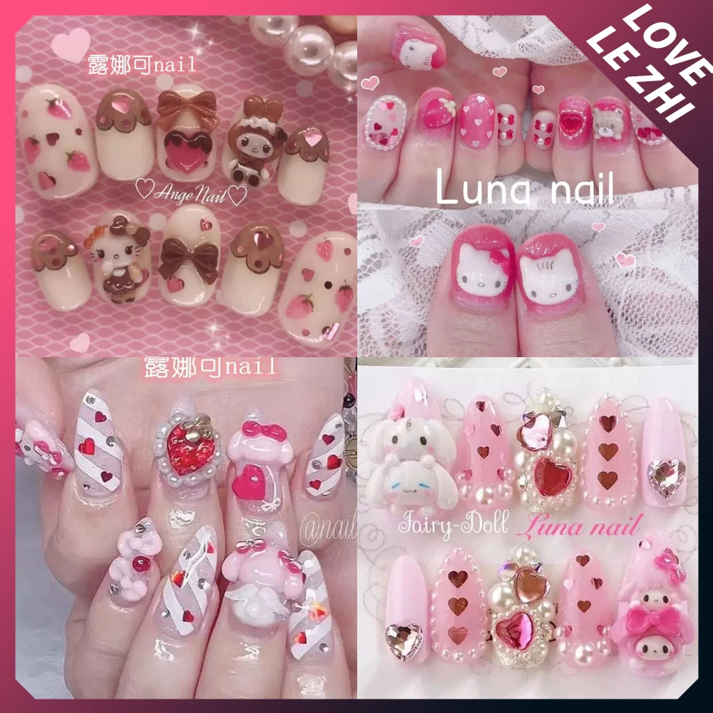 

Sanrioed Cute Hello Kitty My Melody Handmade Press On Nails Diy Sweet 3D Doll Kuromi Wearable Reusable Elliptical Fake Nails