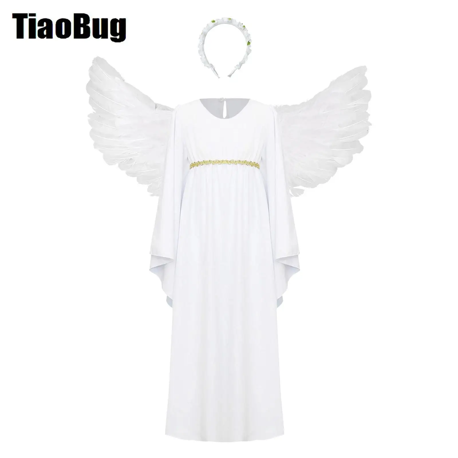 

Kids Girls Angel Dress Devil Cosplay Costume Long Sleeve Round Neck Dress with Headwear Headband And Feather Wings for Halloween