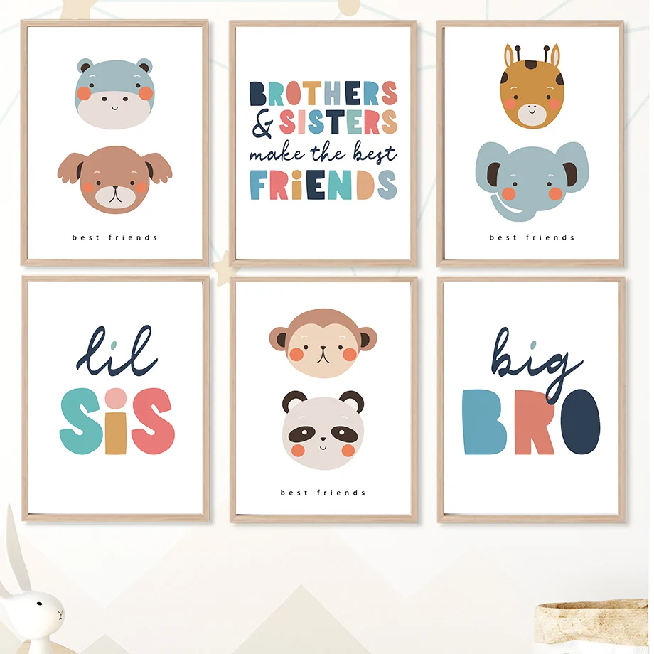 Siblings Animal Nursery Wall Art Mural Kids Brothers Sisters Canvas Prints Cute Cartoon Animal Posters Baby Room Playroom Decor