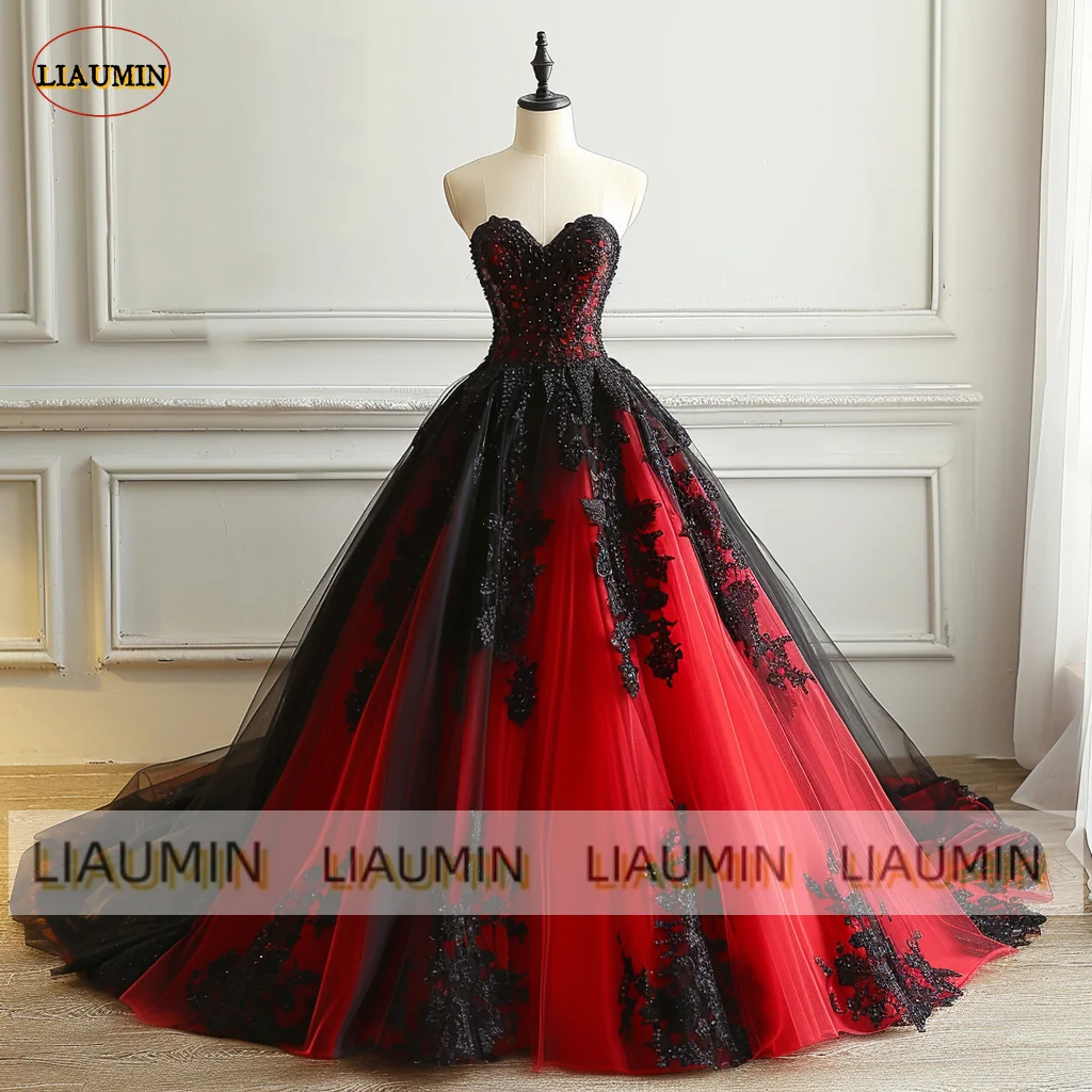 Red Tulle Black Lace Applique Strapless Ball Gown Beading Prom Wedding Formal Dress For Evening Lace Up Back Clothing A1-17.8