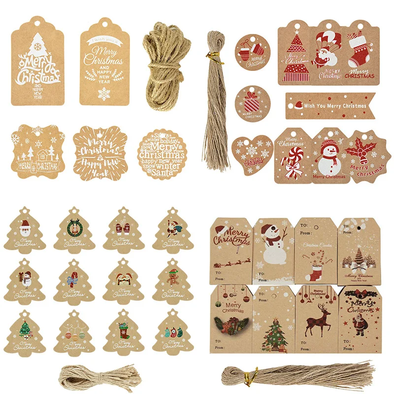 25-100pcs Merry Christmas Decoration DIY Kraft Paper Christmas Tree Tags Santa Claus Snowman Gift Labels Holiday Party Supplies