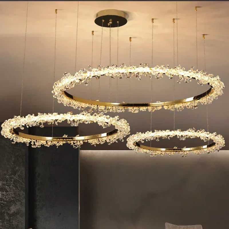 Nordic modern luxury golden round ceiling crystal chandelier indoor living room electroplating halo LED chandelier