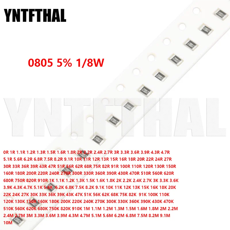 100 stücke 0805 SMD Widerstand 5% 1/8W 0R-10M 0R 1R 1,1 R 1,2 R 1,3 R 1,5 R 1,6 R 1,8 R 2R 2,2 R 2,4 R 2,7 R 3R 3,3 R 3,6 R 3,9 R 4,3 R 4,7 R 5,1 R