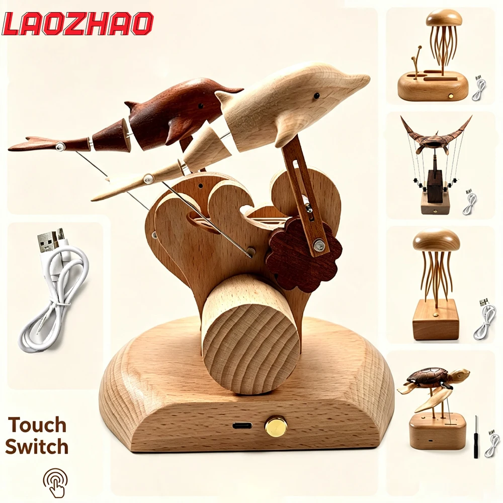 Wooden Kinetic Desk Ornament USB Charging Touch Switch Figurine Jellyfish Turtle Dolphin Manta Ray Dynamic Art Home Decor Gift