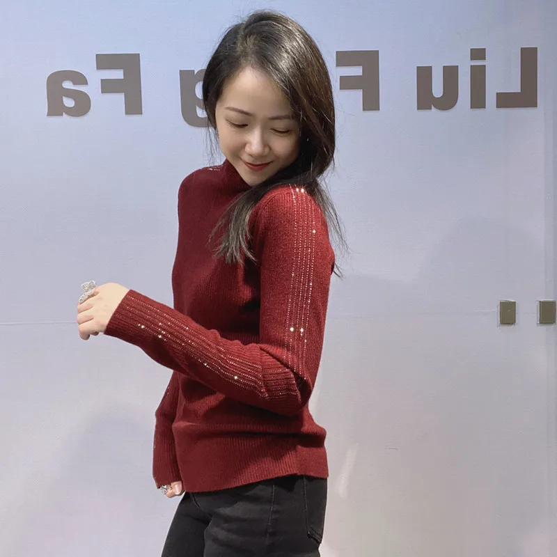 الملابس النسائية حجر الراين لينة عالية الرقبة قاعدة قميص للنساء الخريف الشتاء تنوعا أعلى التخسيس بلون الملابس الداخلية #4