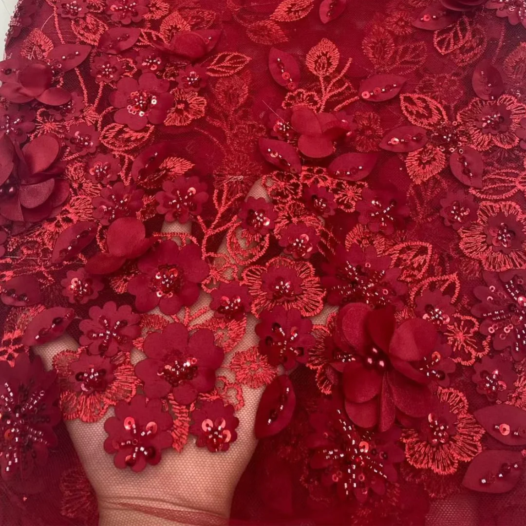 Burgundy Handmade French Tulle Lace Fabric 2025 High Quality 3D Flower Embroidery Applique Beads Lace Fabric for Women Dresses