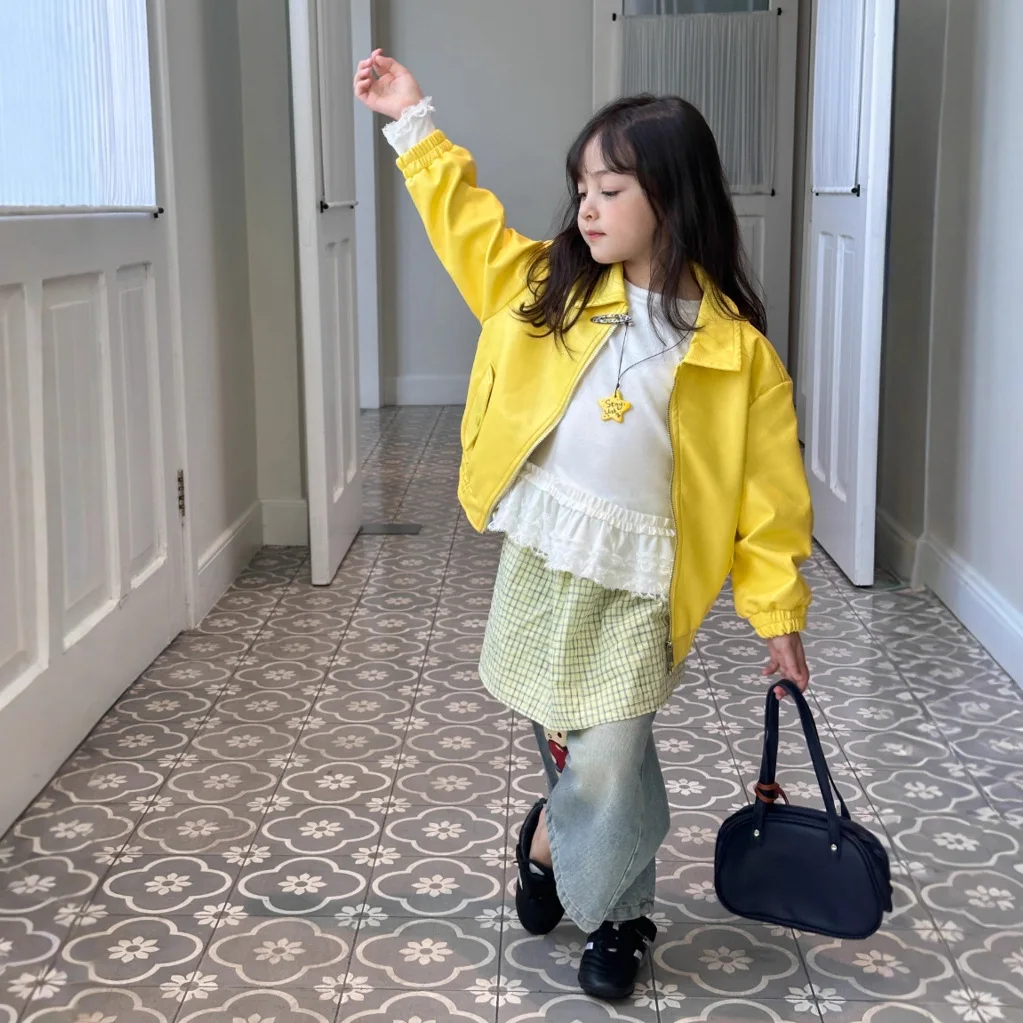 2025 Herbst Kinder Kleidung Koreanische Leder Jacke Mädchen und Kinder Neue Motorrad Anzug Modische Leder Jacke Strickjacke