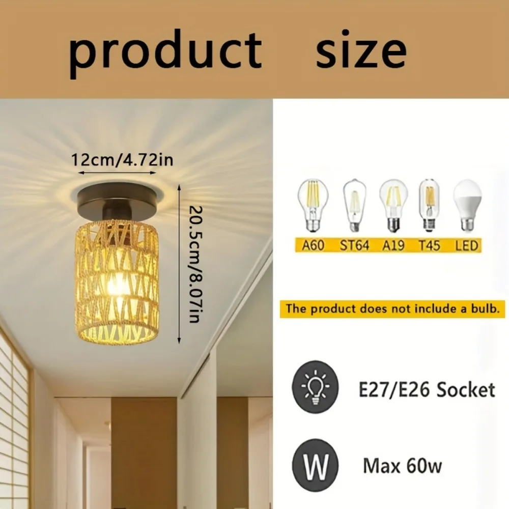 Rattan Pendant Light Charming Rustic Style Hand-Woven Iron Cylinder Ceiling Light Warm Ambient Glow Perfect for Hallways