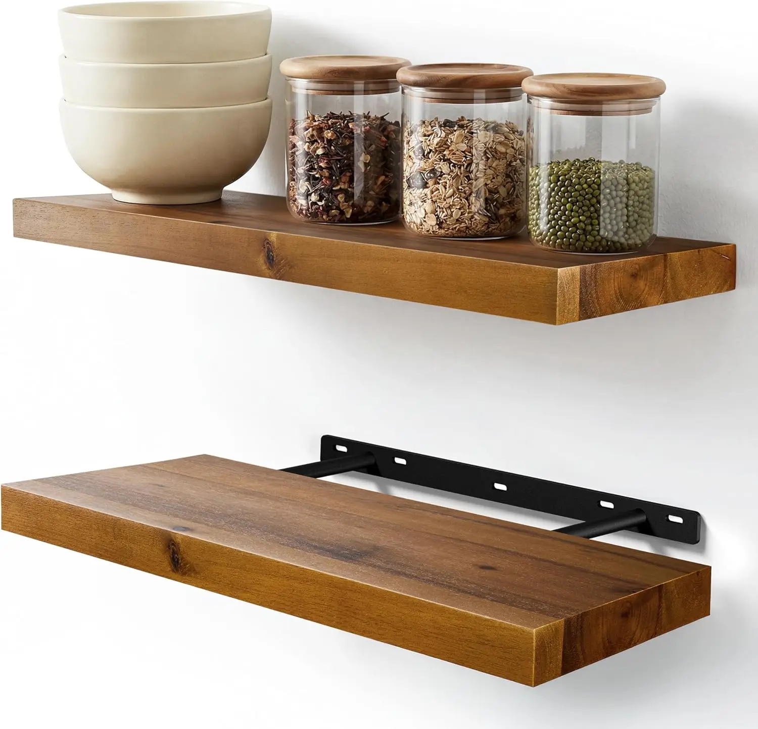 

Set of 2 17" Acacia Wood Floating Shelves Wall Mounted – Rustic Farmhouse Wooden Wall Storage Shelf for Bedroom, Kitch