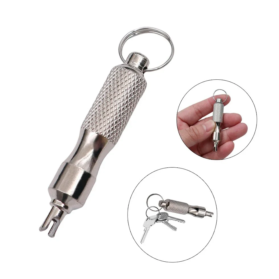 Chave de fenda portátil com núcleo de válvula, para instalação de pneus de motor de carro, ferramenta de chave de fenda de desflação, design de chaveiro inoxidável
