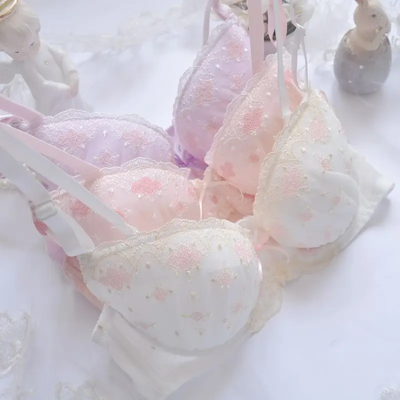 Cute Embroidered Three-Color Japanese Style Bra Set Thin Cup No Sponge Youthful Summer Underwear Cotton Pad Removable Straps