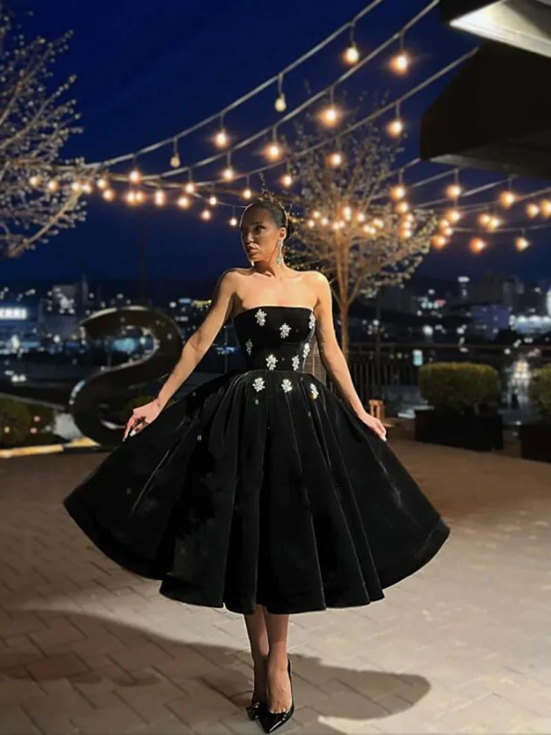 

Black Velvet Strapless Crystals Pleated Formal Evening Gowns Tea-Length A-Line Velour Party Gown Vestido De Festa Luxo