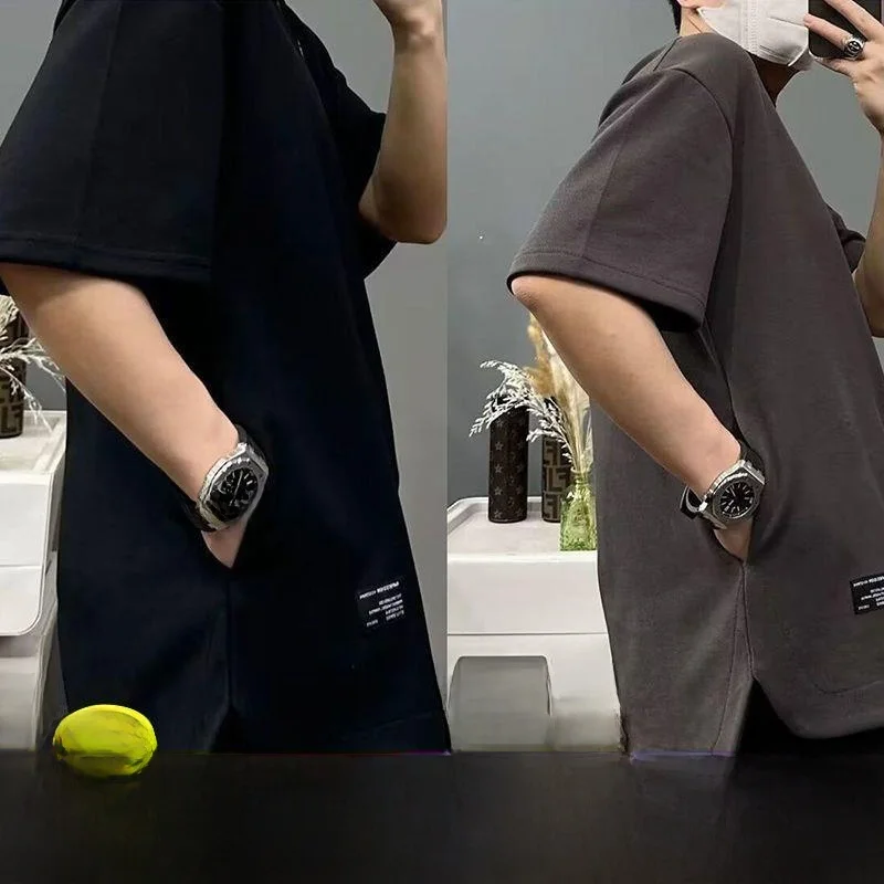 

Мужская футболка свободного кроя с круглым вырезом и коротким рукавом, с карманом, однотонная, больших размеров, повседневная, удобная