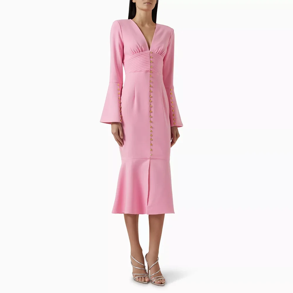 

Modern Cocktail Dress Mermaid Long Sleeves V Neck Buttons Midi Cocktail Gown 2025 Tea Length Ruffle Women's Formal Party Dresses