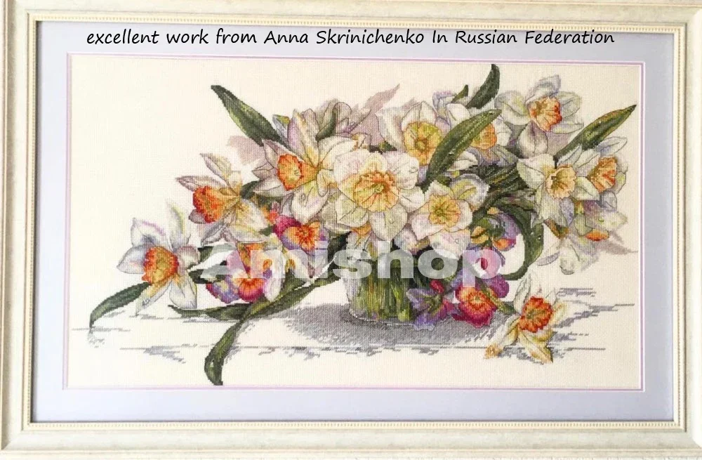 Amishop Gold Collection Counted Cross Stitch Kit Daffodil Bouquet Flower Narcissus Vase Flowers Merejka K-14