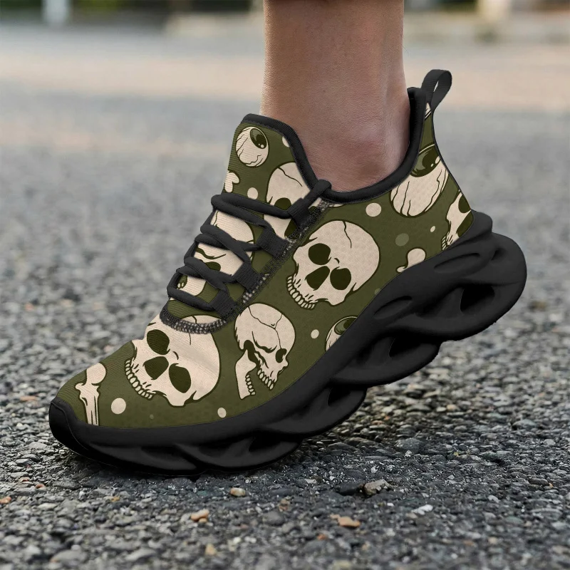 Ladies Men's Casual Sneakers，Solid color army green cartoon horror skull eyes crescent moon print gothic horror street style pat - view 5