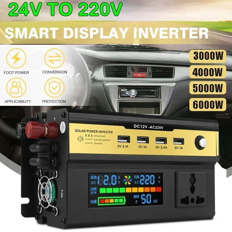 4000W/5000W/6000W Modified Sine Wave Power Inverter LCD Display DC 24V to AC 220V USB Car Transformer Convert Charging Converter