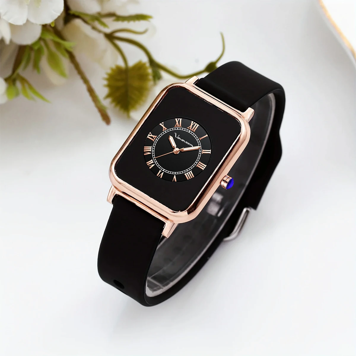 2024 New Women\'s Square Watch Fashion Silicone Strap Simulated Smart Dial 35mm Black Rose Gold Quartz Movement Girls Gift Watch