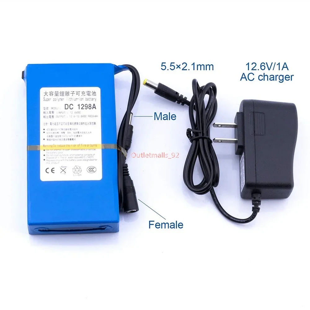 Rechargeable Lithium Battery 12V DC Portable Battery Pack with American Plug Charger-