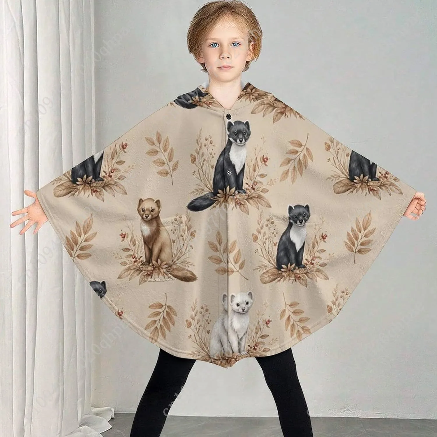 سترة بطانية مريحة من الفلانيل، سترة بقلنسوة كبيرة الحجم بنمط أوراق الحيوانات مع جيوب للأطفال والمراهقين #2