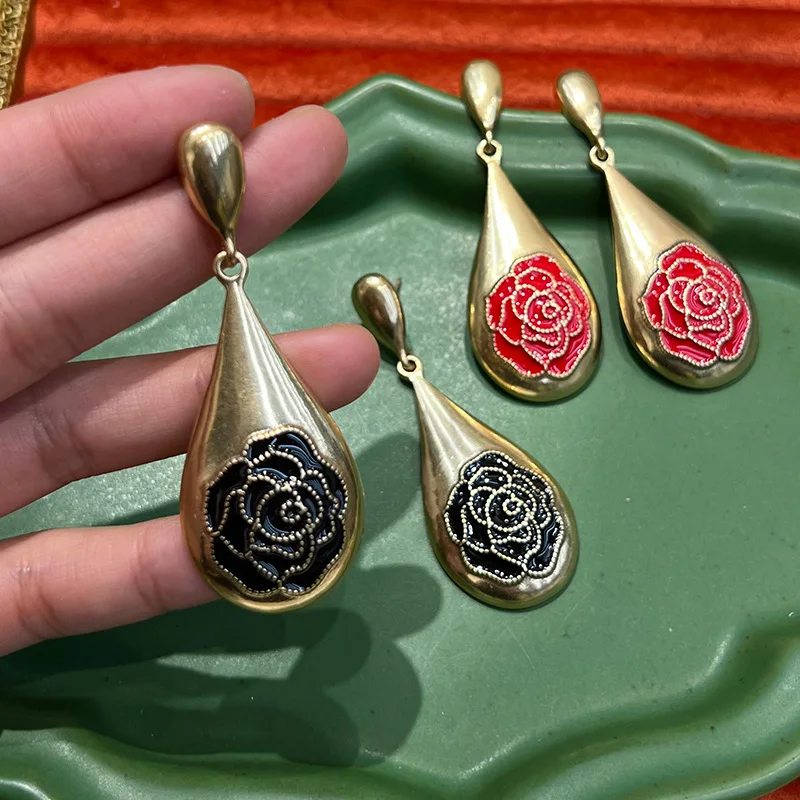 European and American foreign trade brushed vintage water drop-shaped enamel drop pomelo flower French retro S925 premium earrin