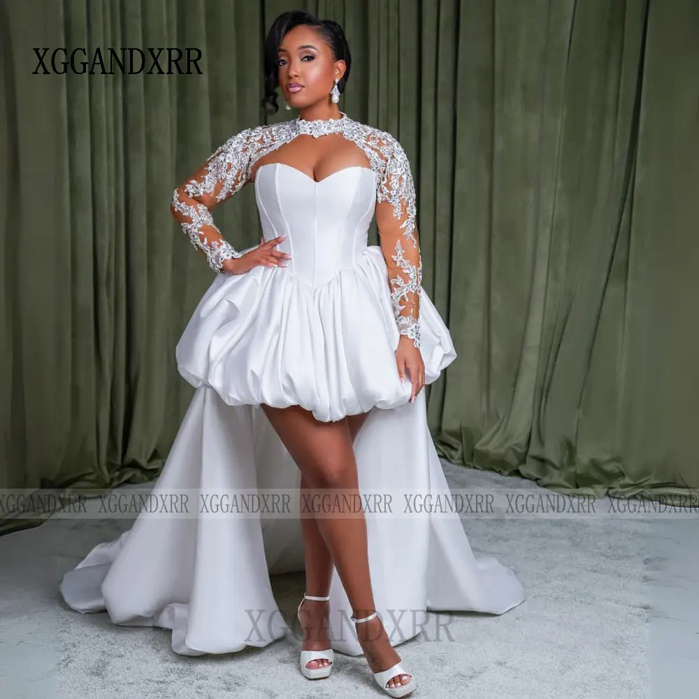 ชุดแต่งงานแบบสั่งตัดทรงไฮโลว์ รุ่น 22026 คอวี ผ้าซาตินด้าน สำหรับเจ้าสาวผิวสี ชุดเจ้าสาวแบบคอร์เซ็ทเปิดหลัง สีขาว สำหรับงานพิธีการ