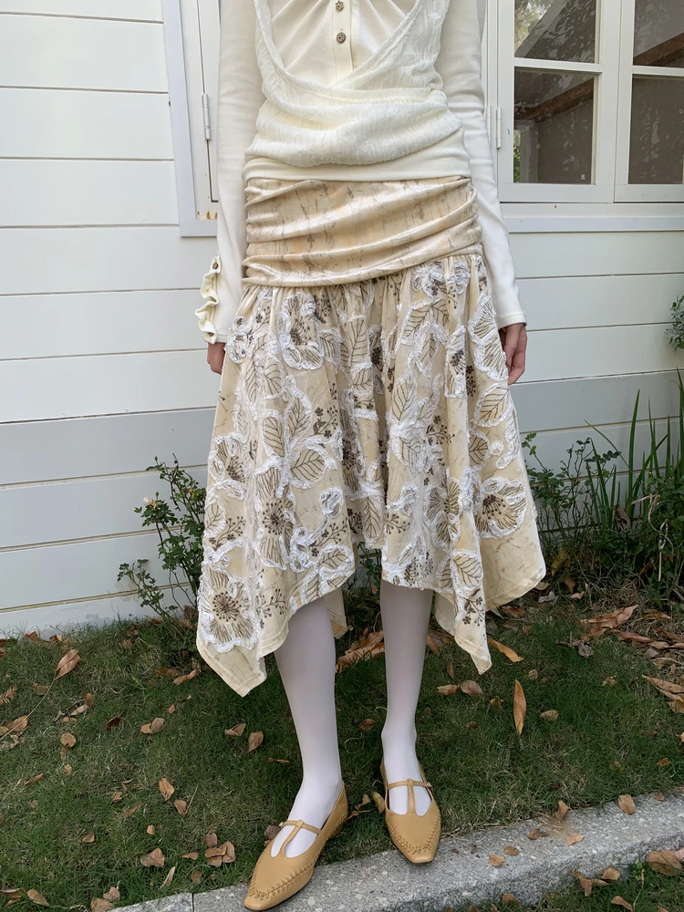 

Оригинальная асимметричная юбка Jelloo из плотного бархата с вышивкой, двусторонняя, стройнящая, в винтажном стиле, для делового повседневного образа