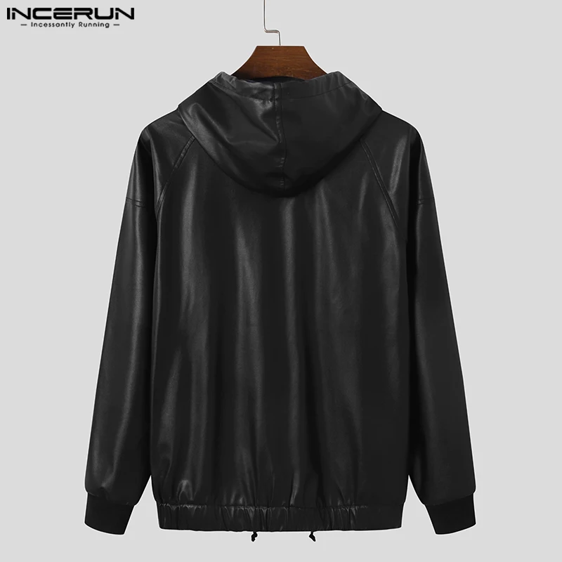 Stylish Hot Sale Men Tops INCERUN 2024 Reflective Leather Solid Hooded Hoodies Casual Male Long Sleeved Drawstring Sweater S-5XL