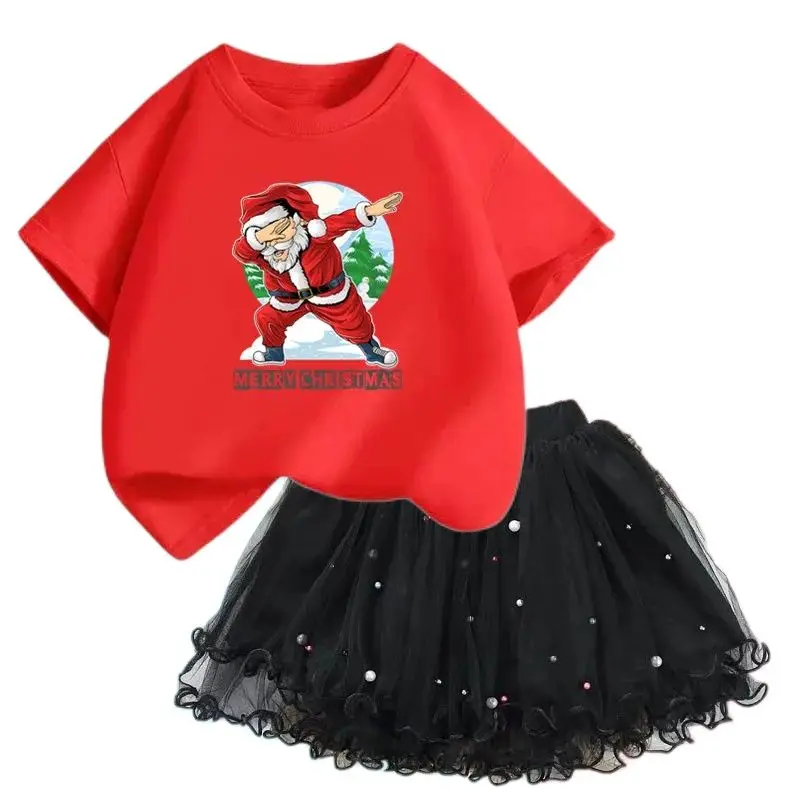 Xmas Girl Clothes 2pcs New Year Christmas Santa Claus T-shirt +Tulle TUTU skirt Outfits Set Clothes