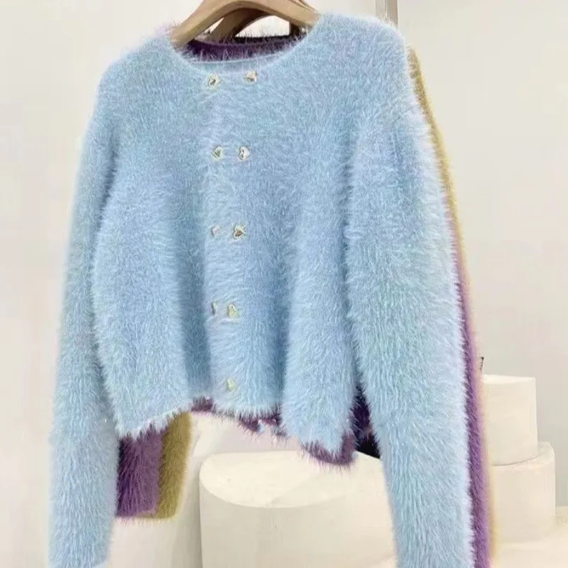 2024 Spring And Autumn New Soft Glutinous Mink Fleece Short Round Neck Cardigan Long Sleeve Women's Lazy Style Knitted Sweater