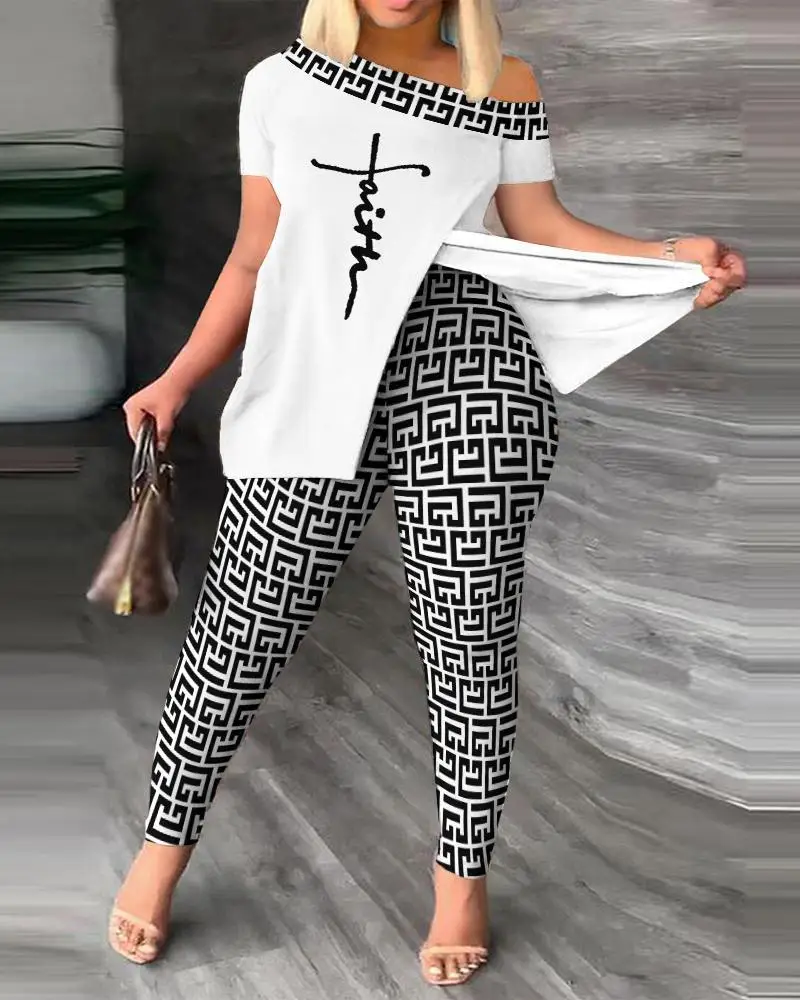 Women\'s T-shirt+pants 2-piece combination set 2024 spring/summer printed fashionable new set two-piece set for women S-3XL