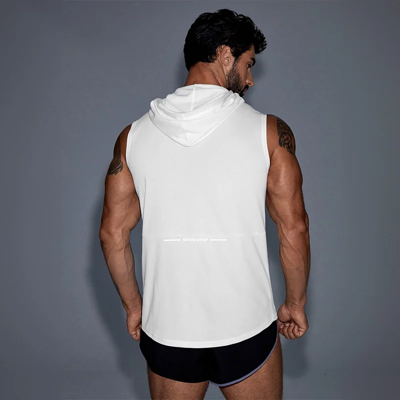 Summer Men\'s Hooded Sleeveless T Shirt Casual Sports Bodybuilding Bottom Shirt Thin Fitness Sports Hoodie Men\'s Trendy Tops