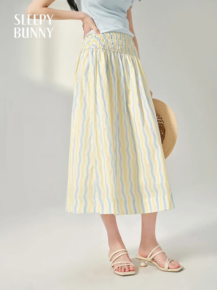 Dopamine Striped A-Line Skirt Women High Waist Midi Skirt Summer Fresh Slim Skirt Petite Girls Cute Casual Korean Style Bottoms