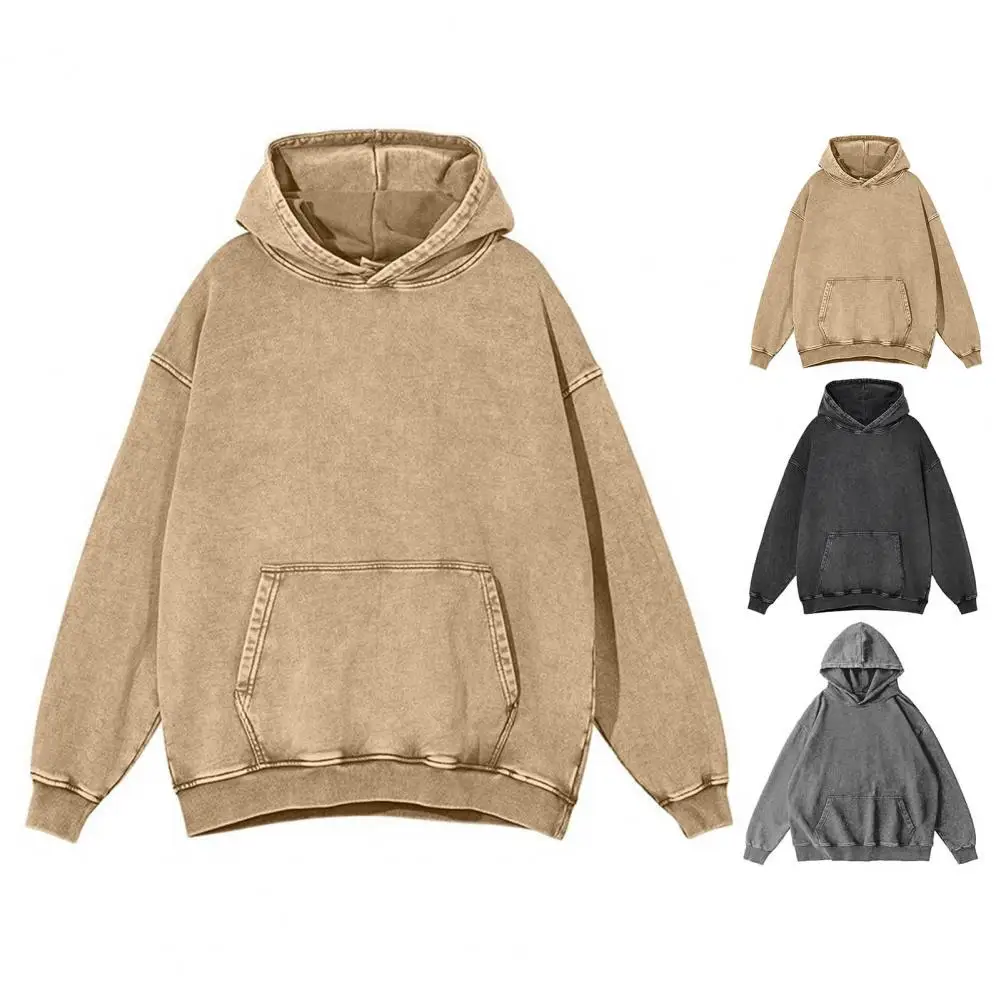 Fall Spring Unisex Hoodie Distressed Washed Elastic Cuffs Hem Pullover Top Pure Color Sloping Shoulder Hoodie With Big Pocket