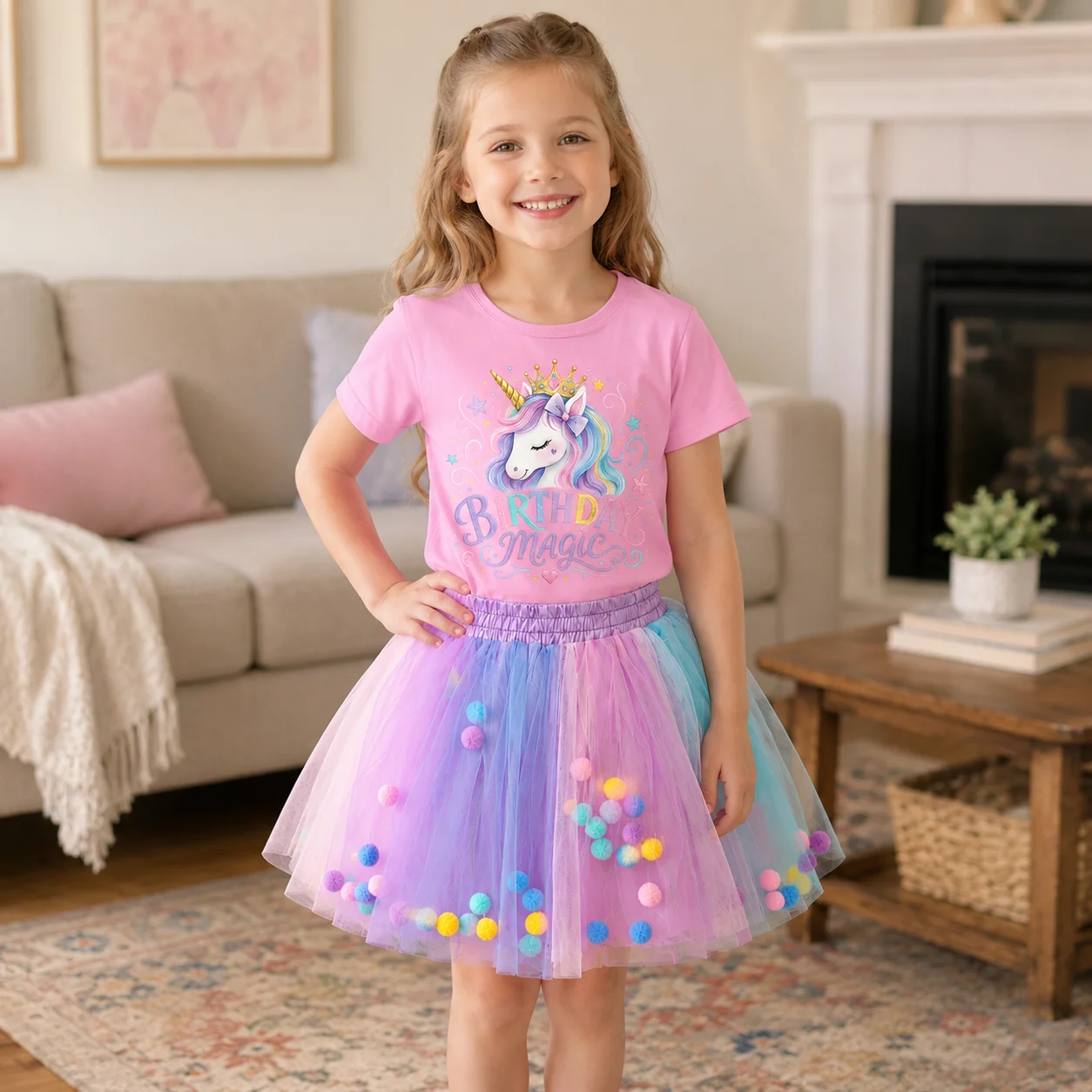 Conjunto de 2 piezas de ropa de cumpleaños de unicornio para niñas, camiseta rosa de manga corta, falda tutú de tul con pompones arcoíris, princesa para cumpleaños de niños pequeños
