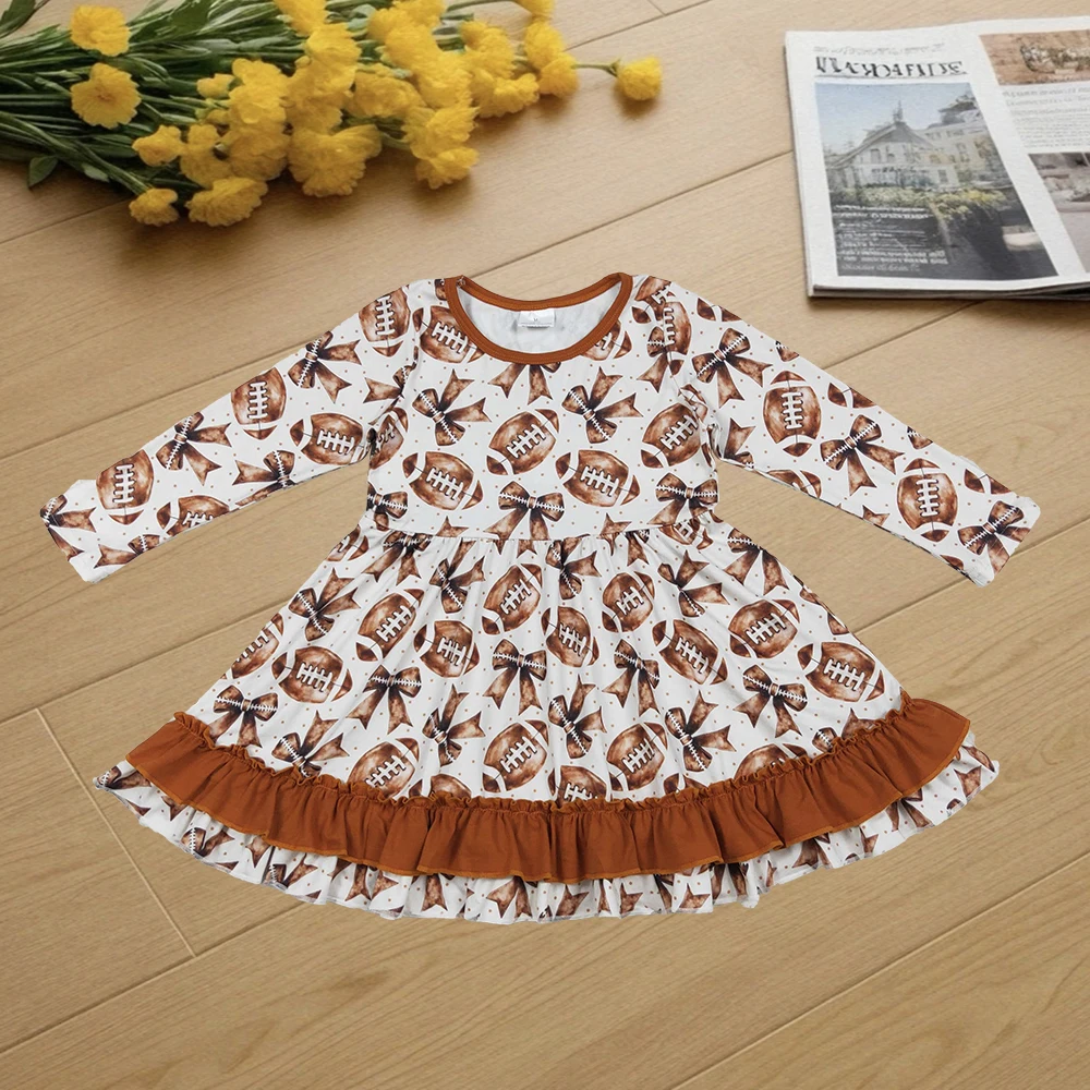

9.29 Baby Girls Winter Dresses Baby Girls Footballs Bows Plaid Team Ruffle Knee Length Dresses