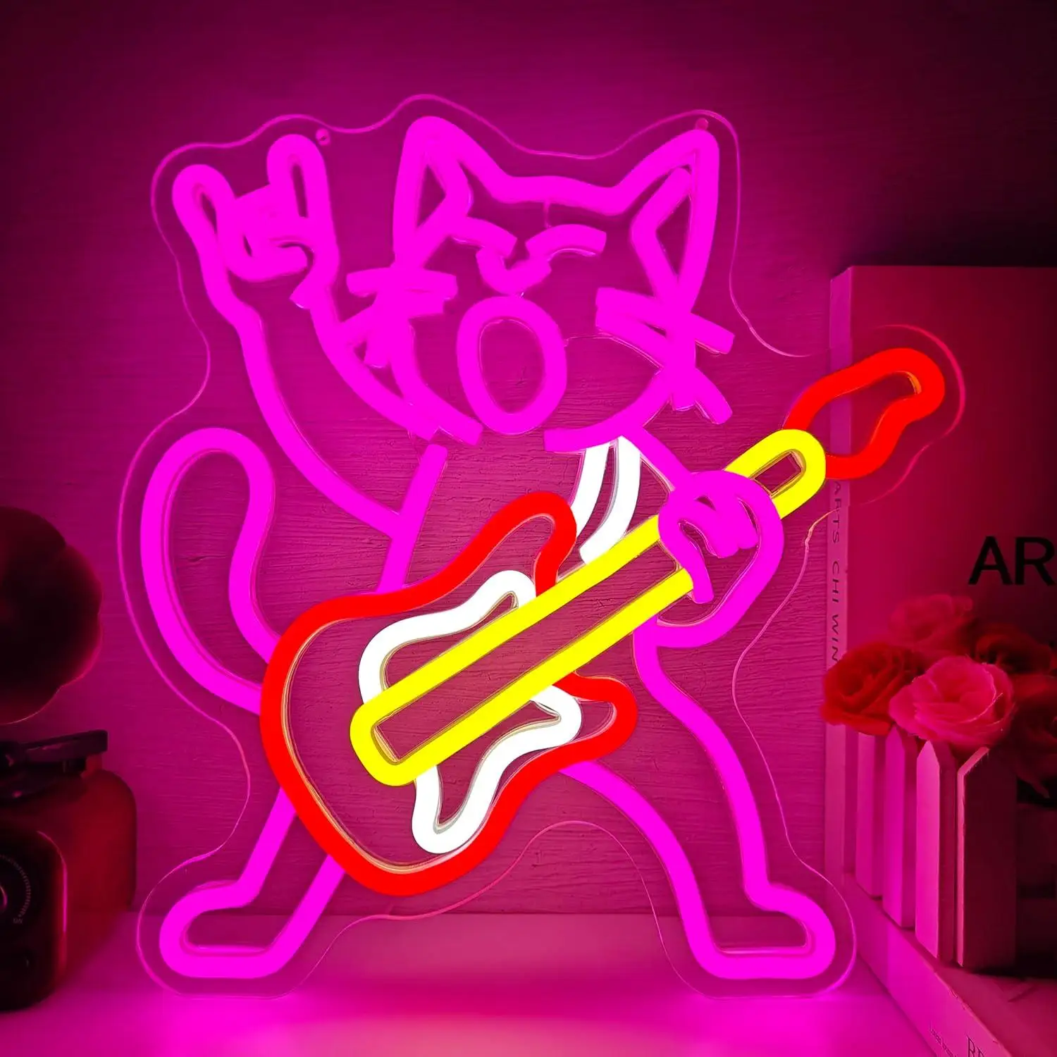 Rock Cat Playing Guitar Neon Sign LED Light Up Sign for Bedroom Bar Music Studio Game Room Wall Decor Birthday Party Gifts